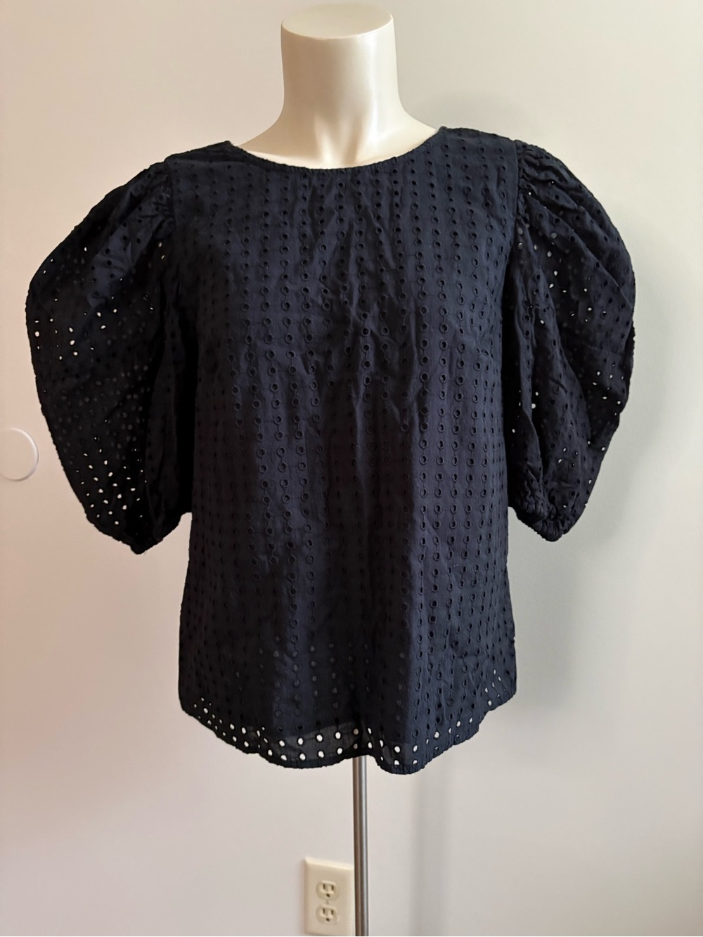 A New Day Black Cotton Openwork Eyelet Short Puff Sleeve Crewneck Top Small